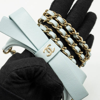 Chanel Mini Round Vanity With ribbon on chain Lambskin Light Blue L