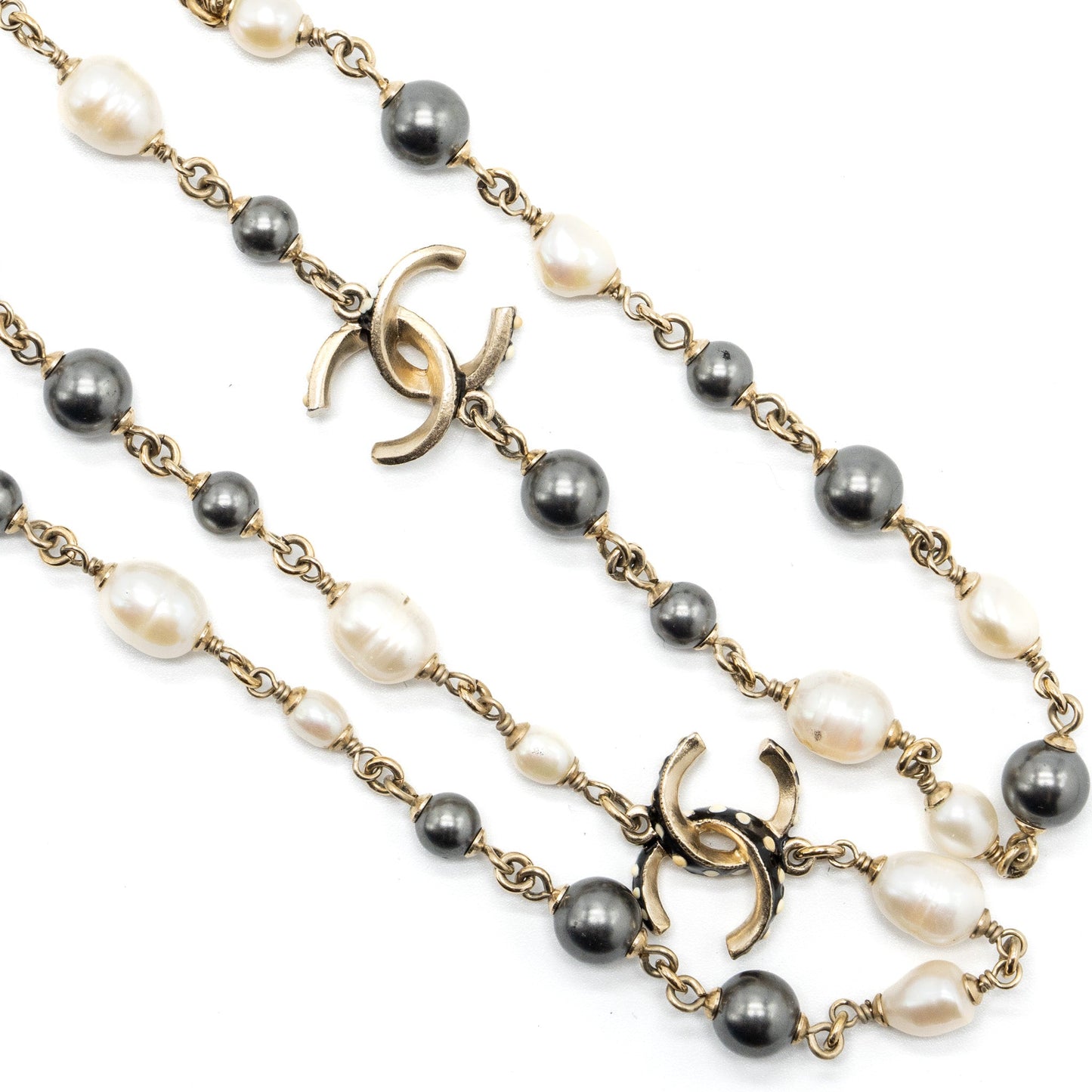 Chanel CC Logo Long Necklace with pearl light gold tone