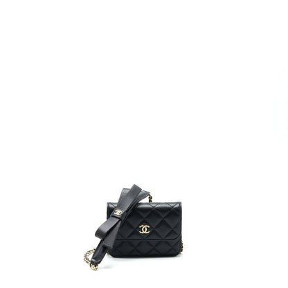 Chanel Mini Flap Card Holder Ribbon Chain Lambskin Black L