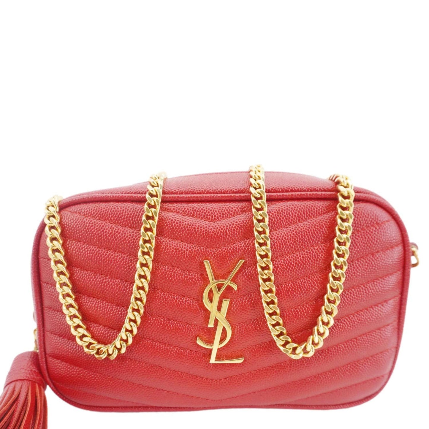 YVES SAINT LAURENT Lou Small Chevron Leather Camera Crossbody Bag Red