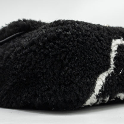 Chanel 22A Fluffy Camellia Flap Bag Embroidered Shearling Lambskin Black / White  (Microchip)