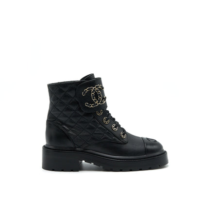 CHANEL LEATHER LACE UP BOOTS BLACK SIZE35