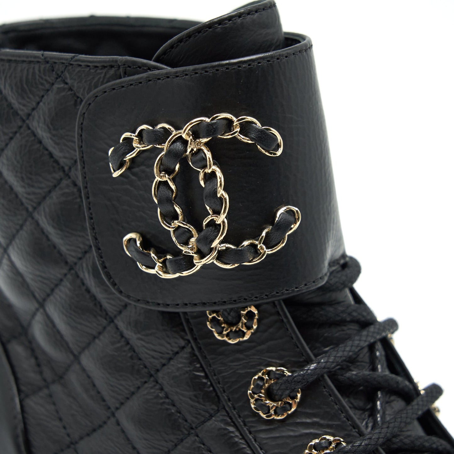 CHANEL LEATHER LACE UP BOOTS BLACK SIZE35