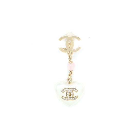 Chanel CC Logo Heart Drop Ear Clips Crystal/Pearl Light Gold Tone