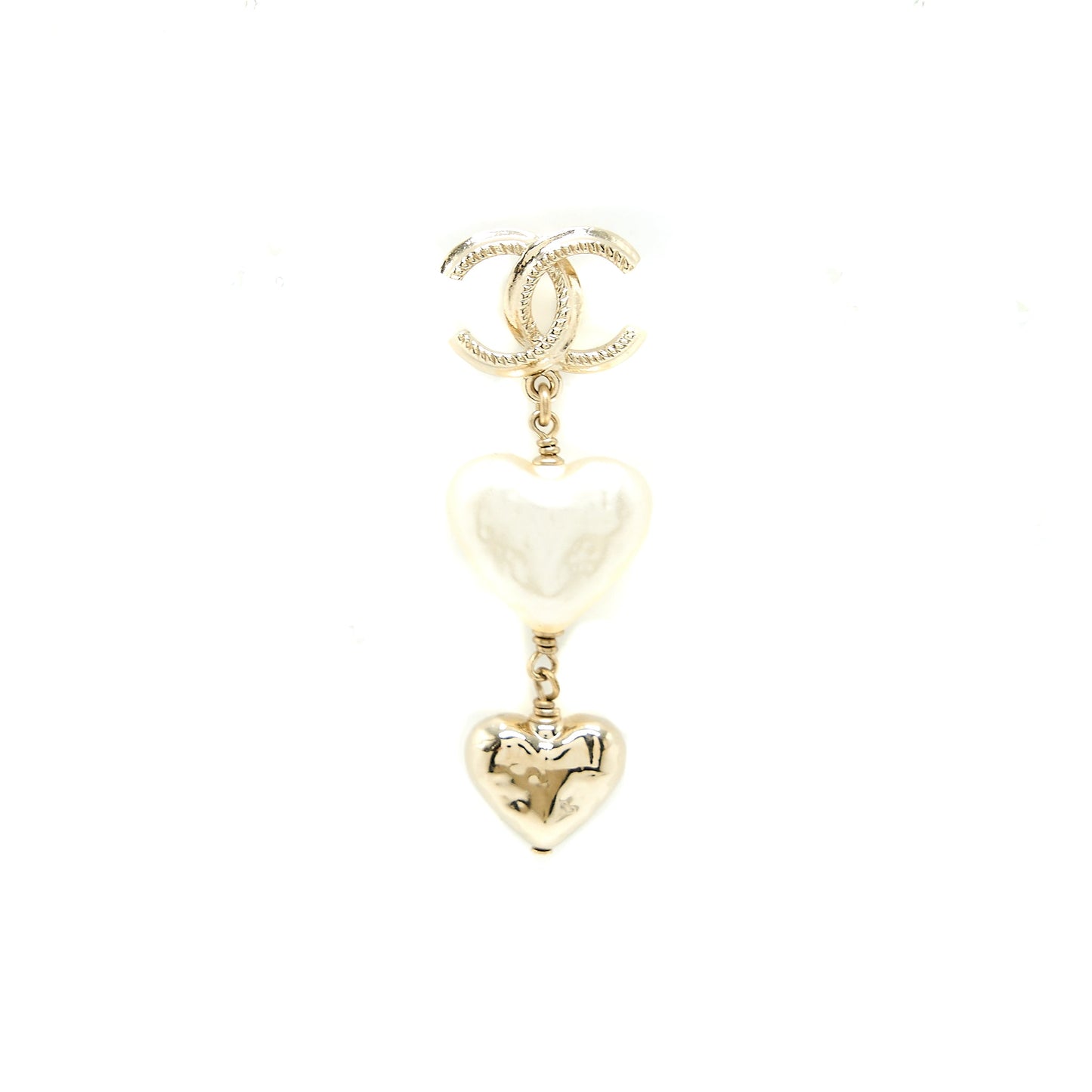 Chanel CC Logo Heart Drop Earrings Light Gold Tone