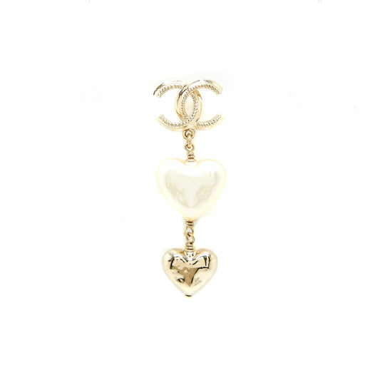 Chanel CC Logo Heart Drop Earrings Light Gold Tone