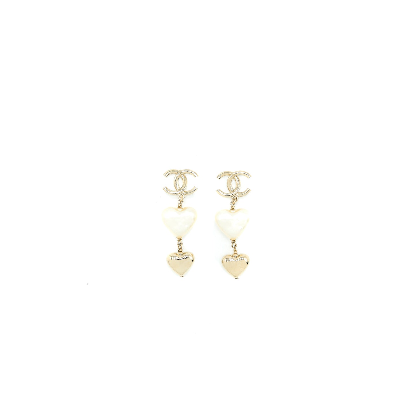 Chanel CC Logo Heart Drop Earrings Light Gold Tone
