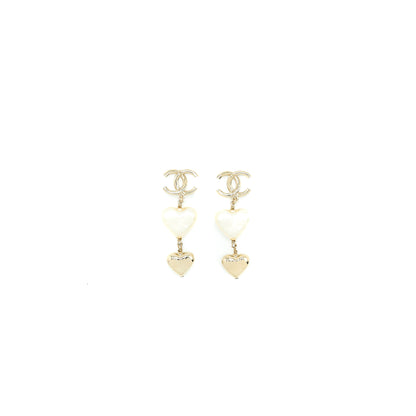 Chanel CC Logo Heart Drop Earrings Light Gold Tone