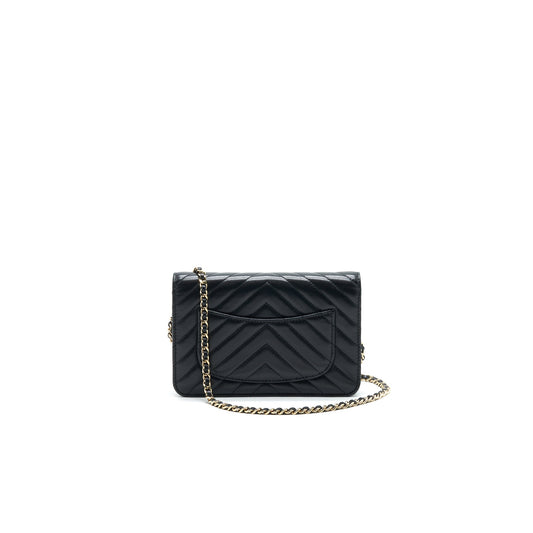 CHANEL CHEVRON WALLET ON CHAIN LAMBSKIN BLACK WITH