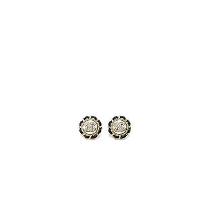 Chanel CC Logo Round Pearl Earring With Black Leather Light Gold Tone