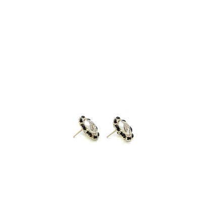 Chanel CC Logo Round Pearl Earring With Black Leather Light Gold Tone