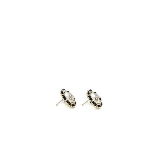 Chanel CC Logo Round Pearl Earring With Black Leather Light Gold Tone