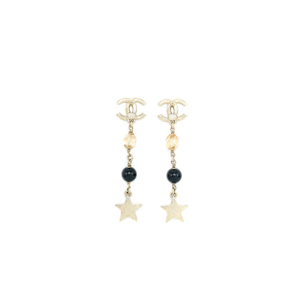Chanel CC Logo With Crystals Star Drop Earring Light Gold Tone