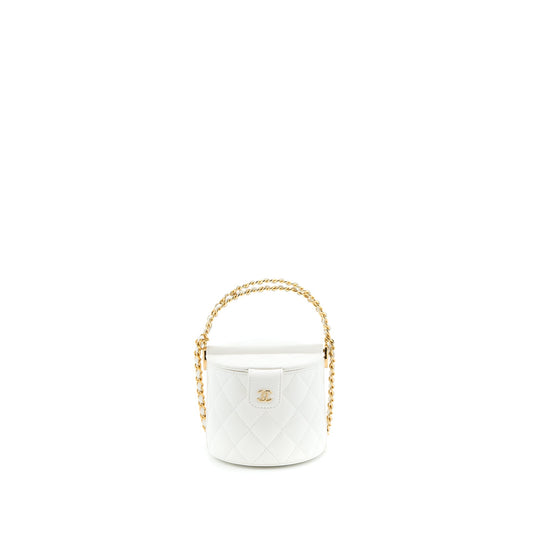 Chanel Top Handle Round Vanity with Chain Lambskin White  (Microchip)