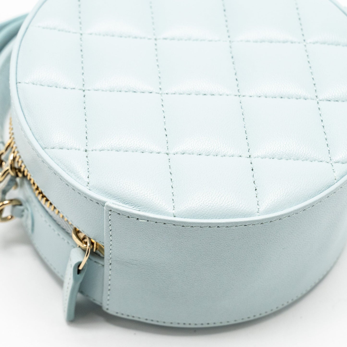 Chanel Mini Round Vanity With ribbon on chain Lambskin Light Blue L