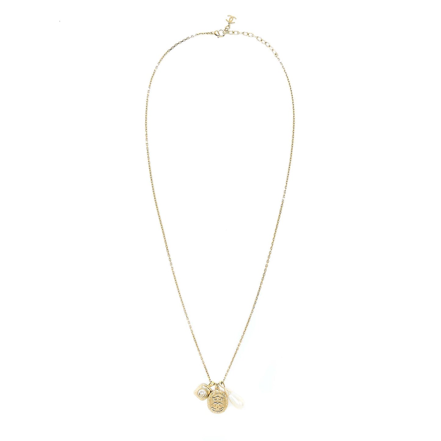 Chanel 21A Metal Plate And Crystal Necklace Brushed Gold Tone