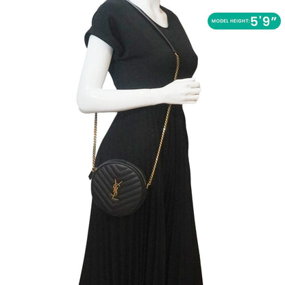 YVES SAINT LAURENT Round Chevron Leather Camera Crossbody Bag Black