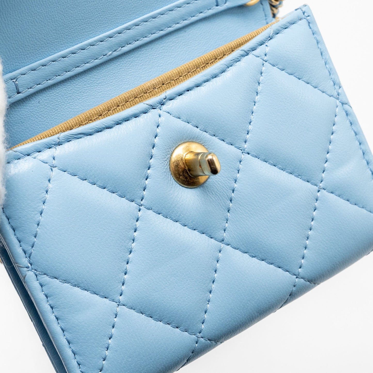 Chanel Pearl crush mini flap wallet with chain lambskin blue