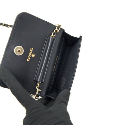 Chanel Mini Flap Card Holder Ribbon Chain Lambskin Black L