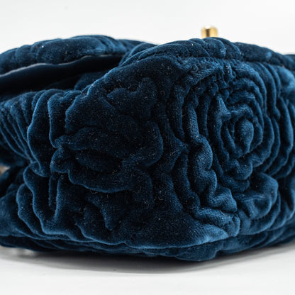 Chanel Camellia Embossed Mini Square Flap Bag Velvet Navy  (microchip)