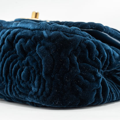 Chanel Camellia Embossed Mini Square Flap Bag Velvet Navy  (microchip)