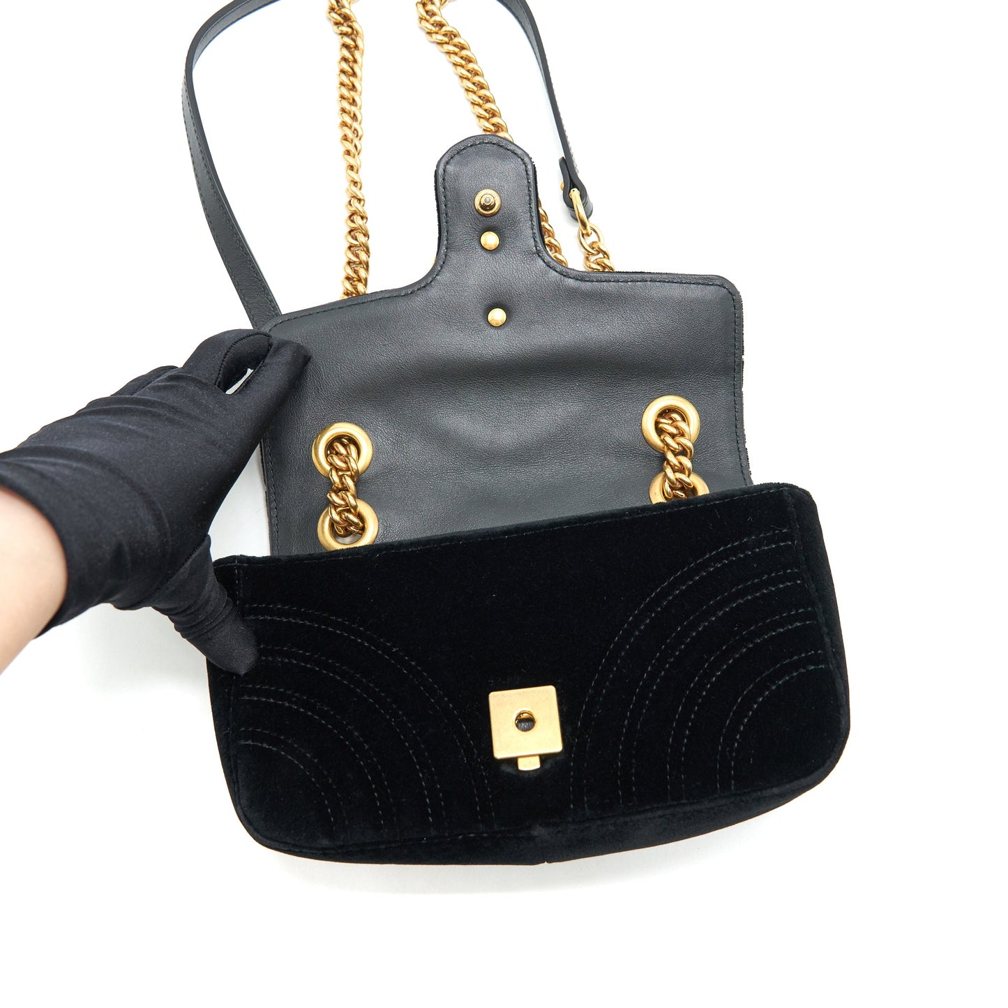 GUCCI VELVET MINI GG MARMONT BAG BLACK