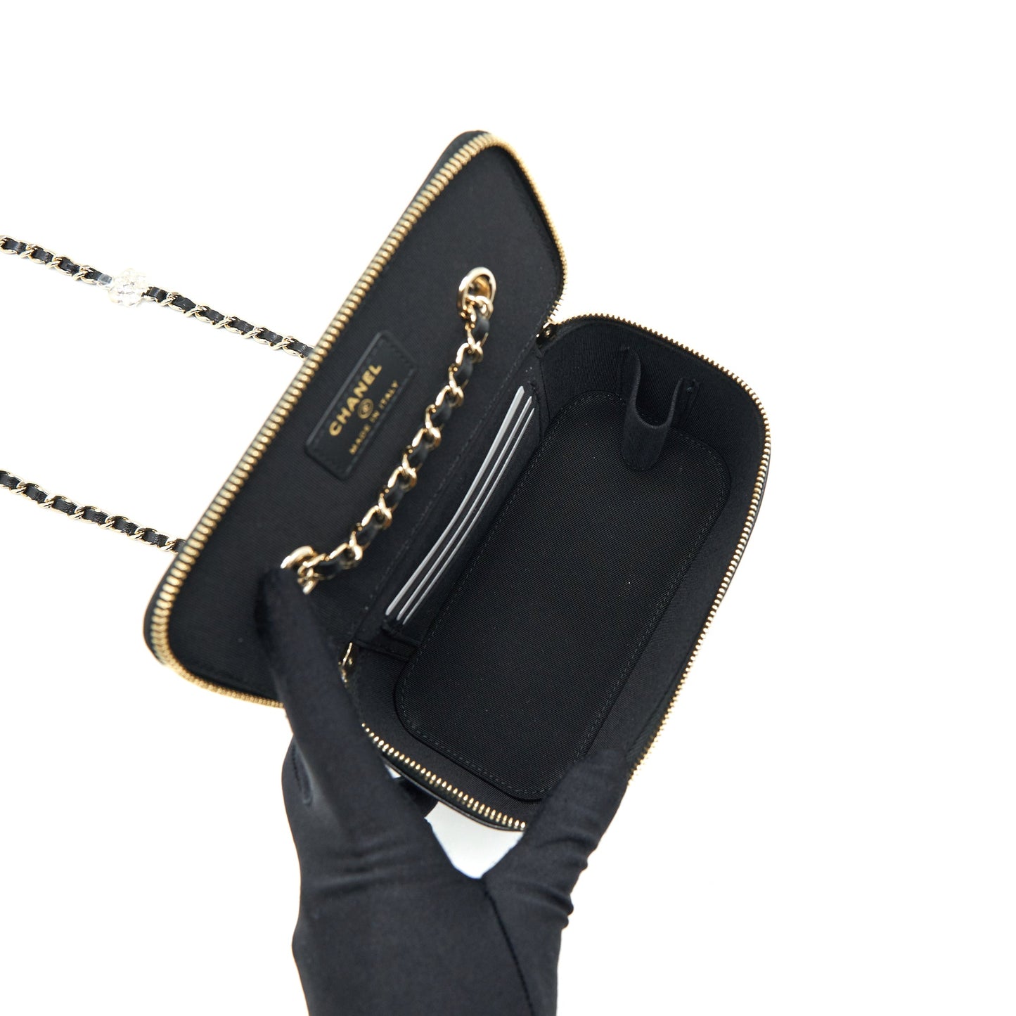 Chanel Camellia Long vanity with chains lambskin black L