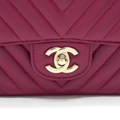 CHANEL MINI SQUARE CHEVRON RASPBERRY RED LAMBSKIN