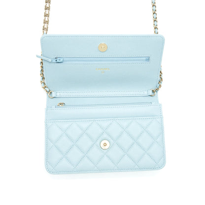 Chanel 22P Wallet On Chain With CC Logo Chain Caviar Light Blue L