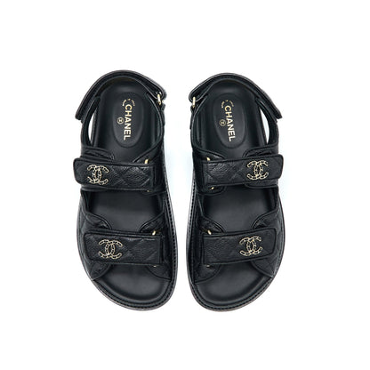 Chanel Size 36 Dad Sandals Leather Black Light Gold Tone