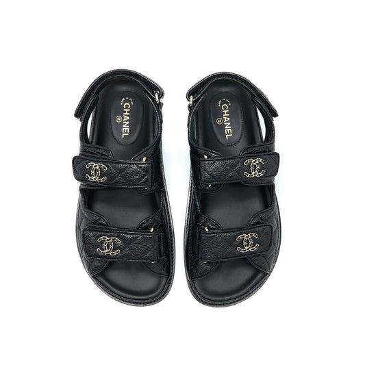 Chanel Size 36 Dad Sandals Leather Black Light Gold Tone