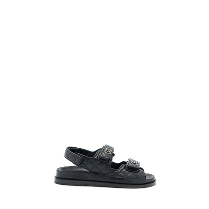 Chanel Size 36 Dad Sandals Leather Black Light Gold Tone