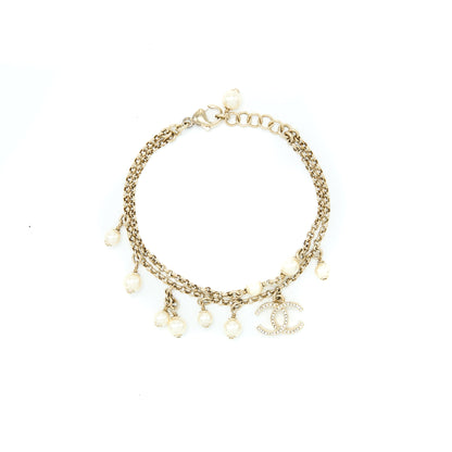 Chanel Double Chain CC Logo Bracelet Crystal/Pearl Light Gold Tone