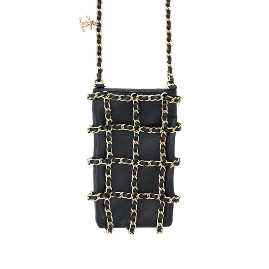 Chanel Phone Pouch with Chain Lambskin Black L