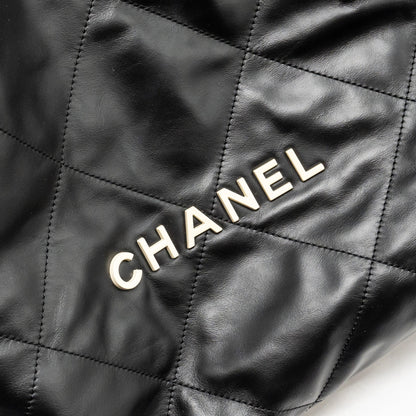 Chanel 22 Backpack White Letter Logo Shiny Calfskin Black  (Microchip)