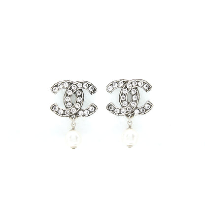 Chanel Crystal CC Earrings With Dropping Pearl