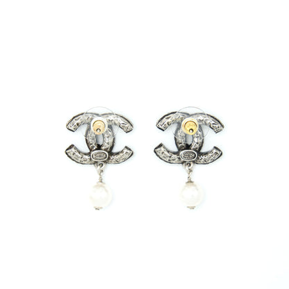Chanel Crystal CC Earrings With Dropping Pearl