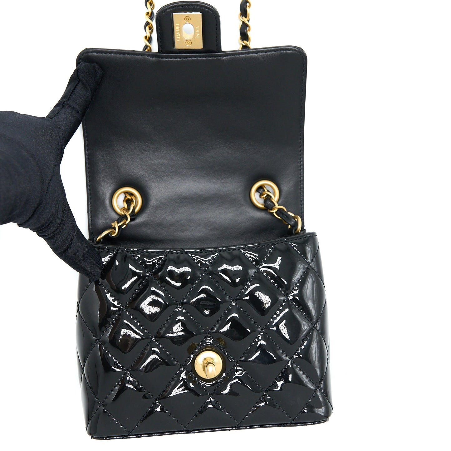 Chanel 22K Retro Classic New Square Mini Flap Bag Patent Black Brushed (Microchip)