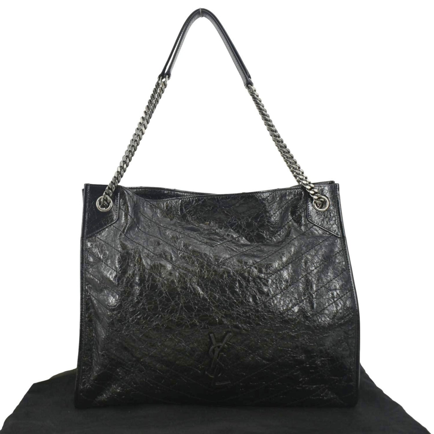 YVES SAINT LAURENT Niki Large Crinkle Leather Shopper Tote Bag Black