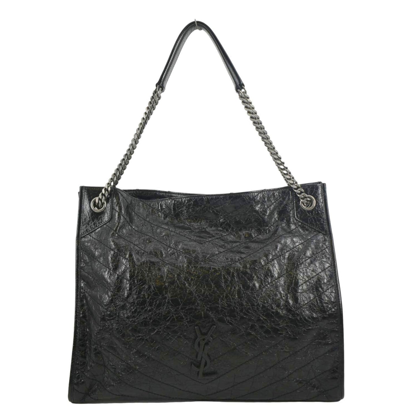 YVES SAINT LAURENT Niki Large Crinkle Leather Shopper Tote Bag Black