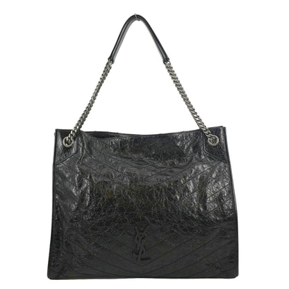 YVES SAINT LAURENT Niki Large Crinkle Leather Shopper Tote Bag Black
