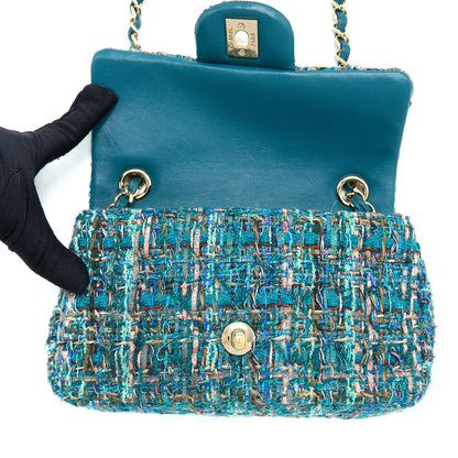 Chanel Mini Rectangular Flap Bag Tweed Multicolor Green L