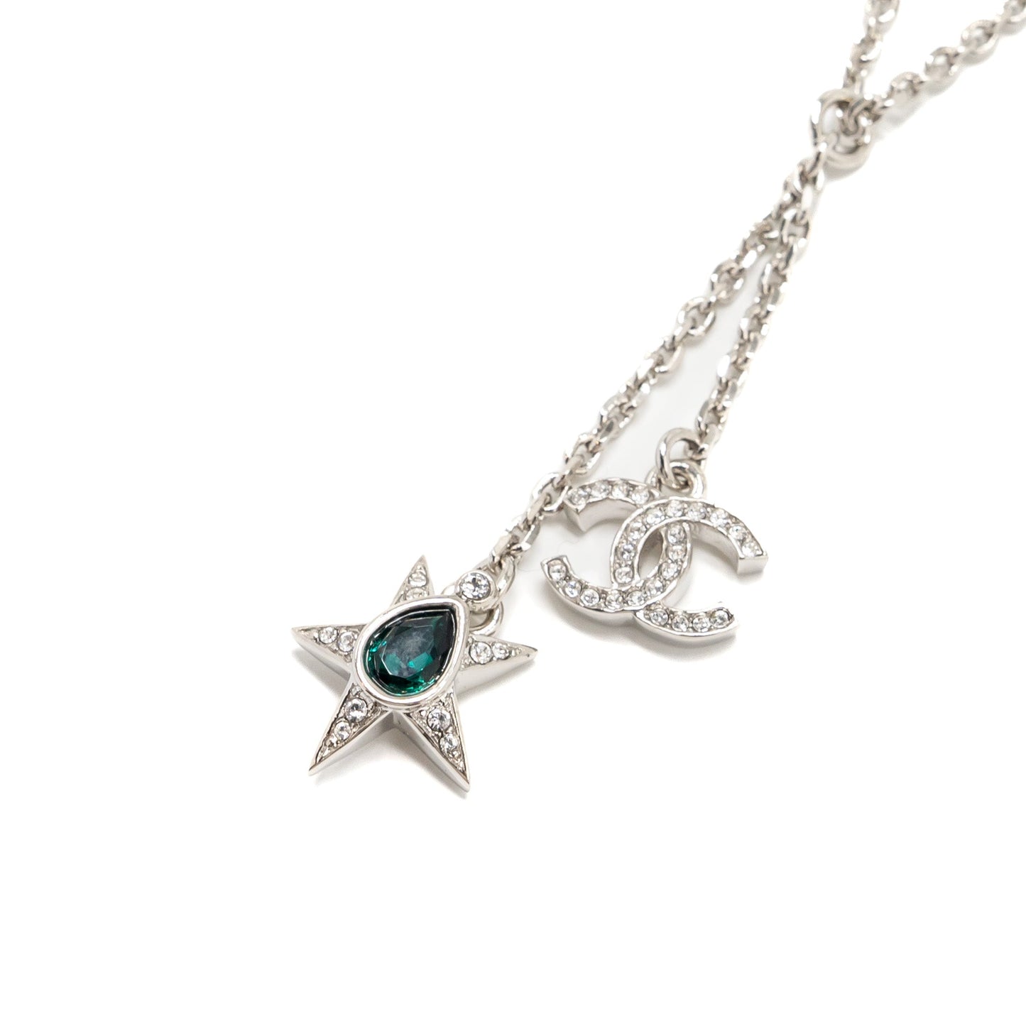 Chanel CC logo/Star Drop Necklace Crystal/Pearl/Silver Tone