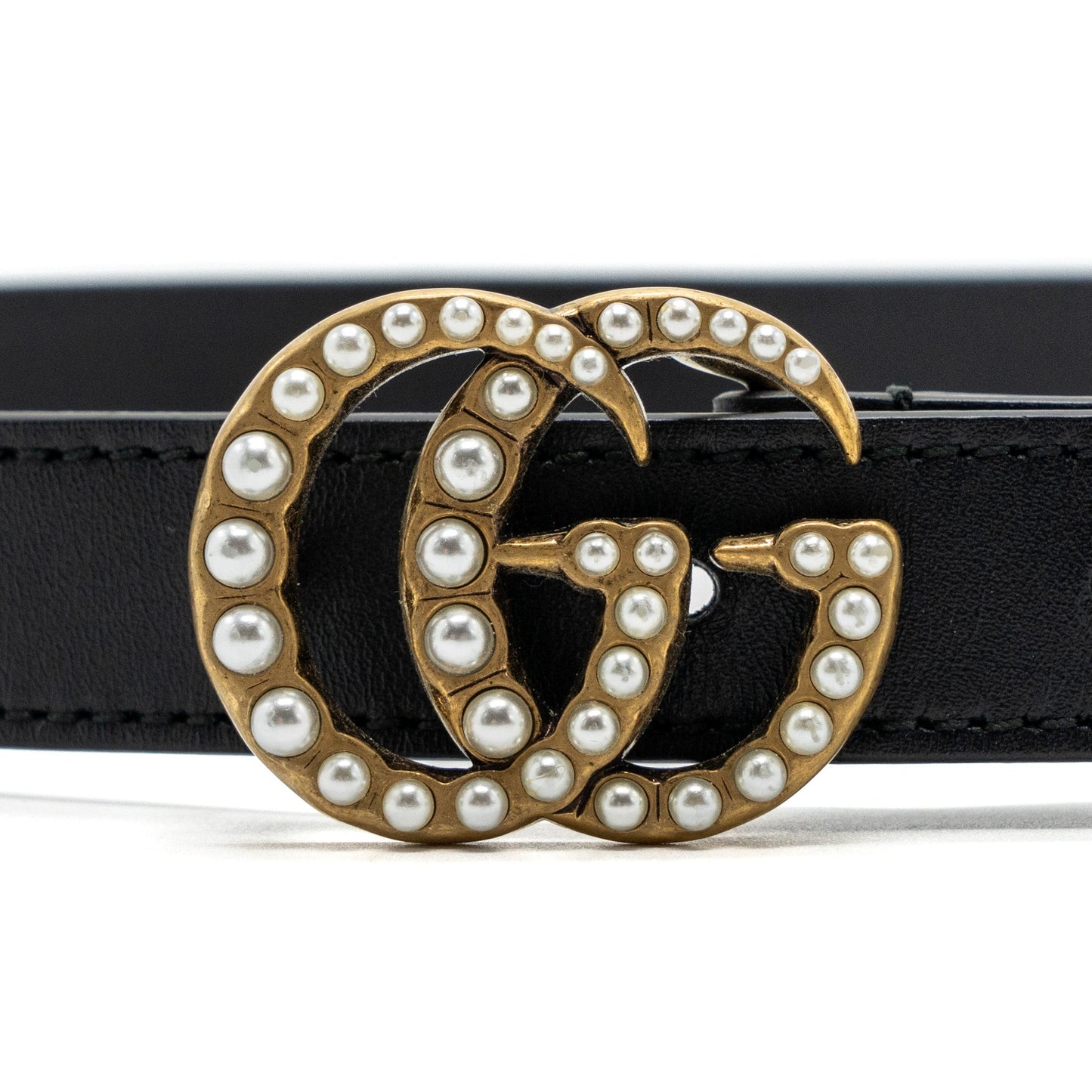 Gucci Size 80 Leather Belt Double G Buckle with Pearl Calfskin Black Brushed