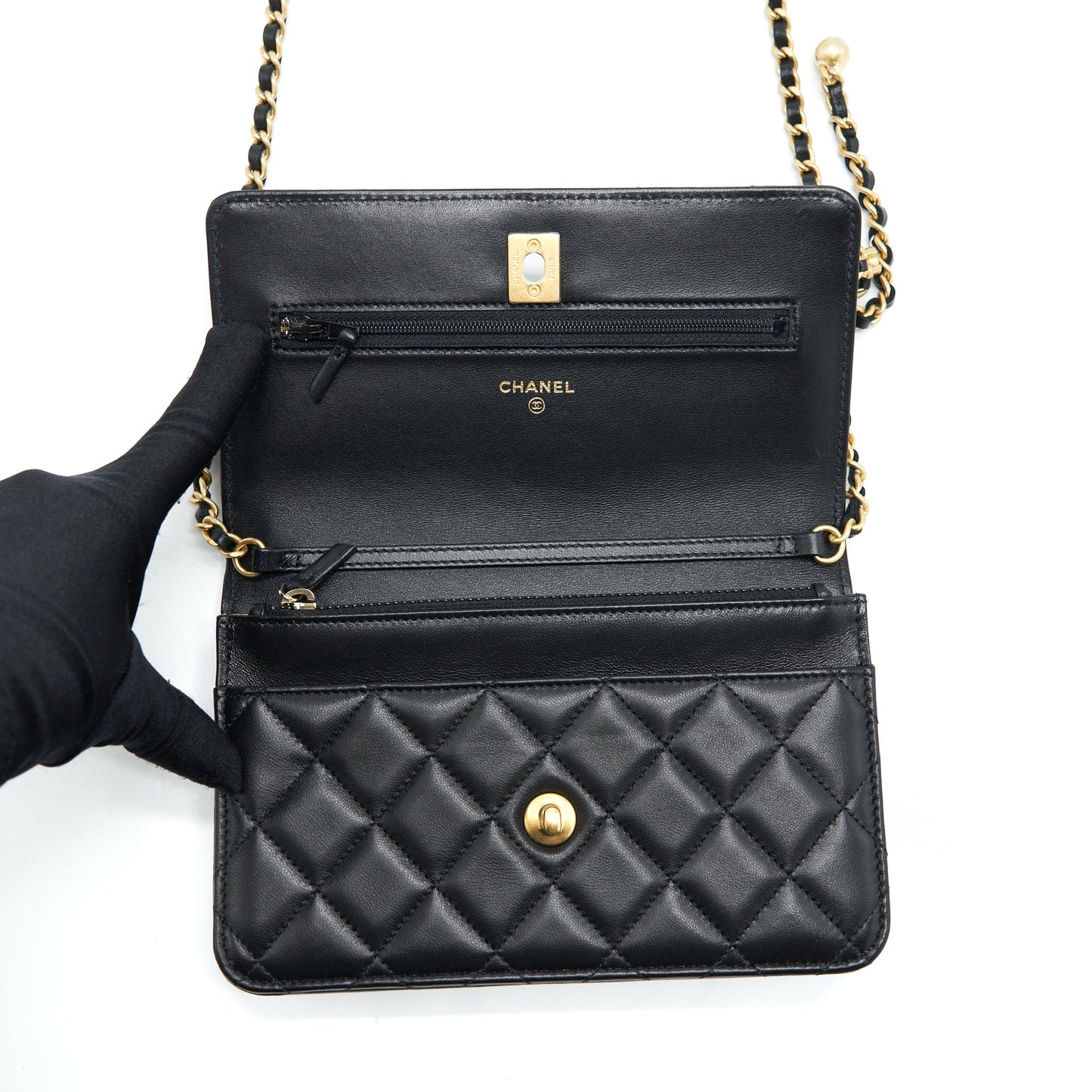 Chanel Pearl Crush Wallet On Chain Lambskin Black