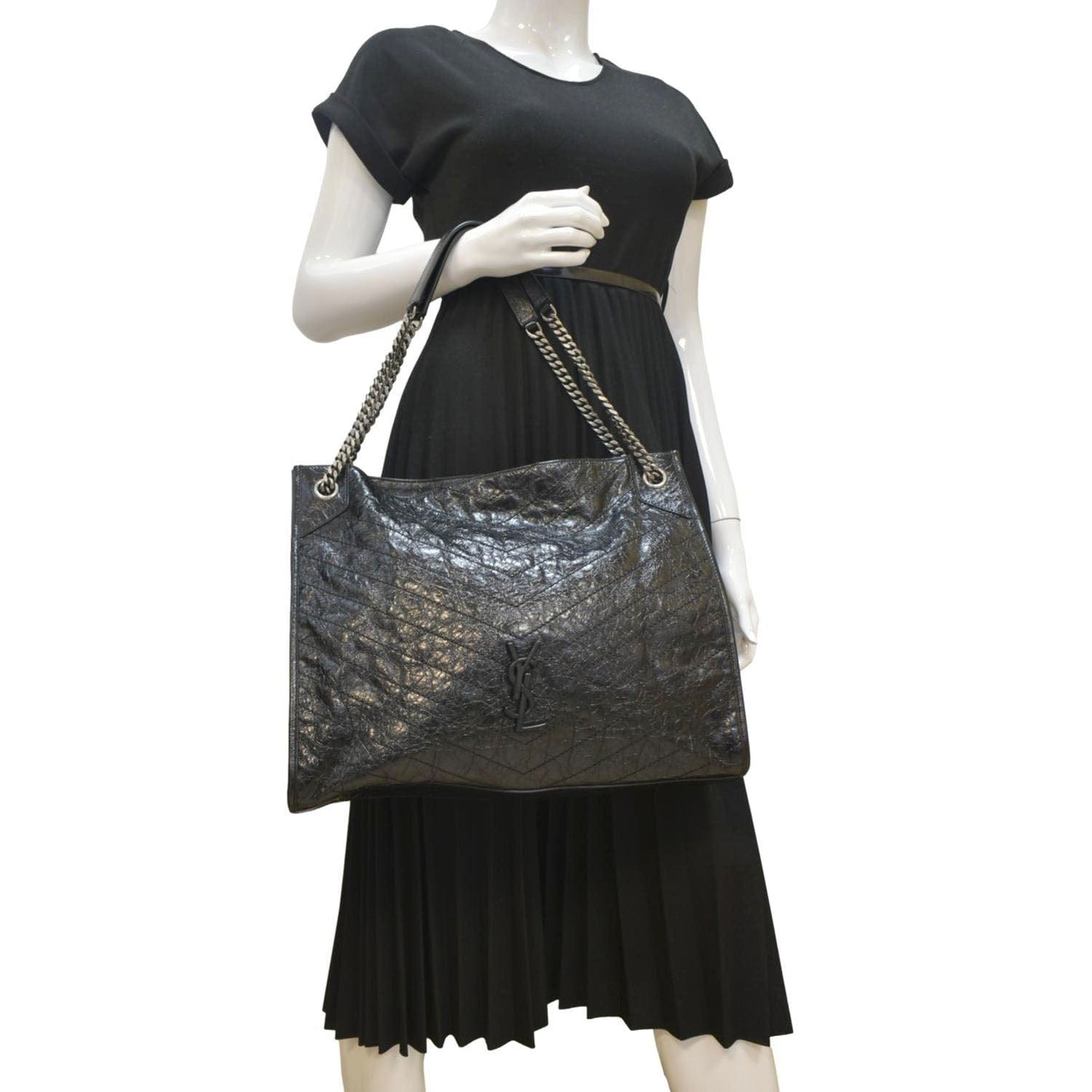 YVES SAINT LAURENT Niki Large Crinkle Leather Shopper Tote Bag Black