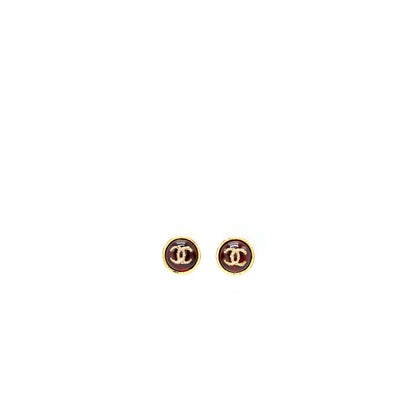 Chanel 22K Round With CC Earrings Ruby Gold Tone