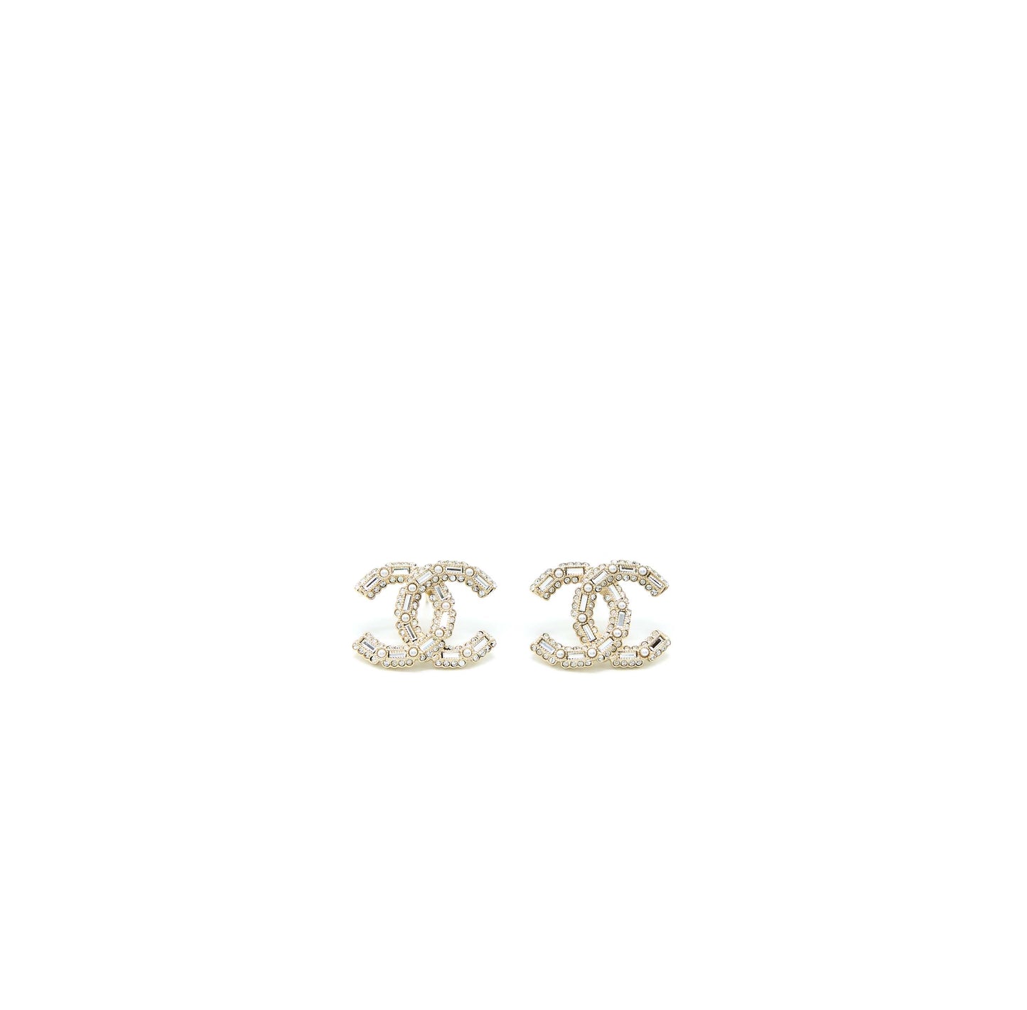 Chanel 22K Large CC Logo Earrings With Crystal Light Gold Tone