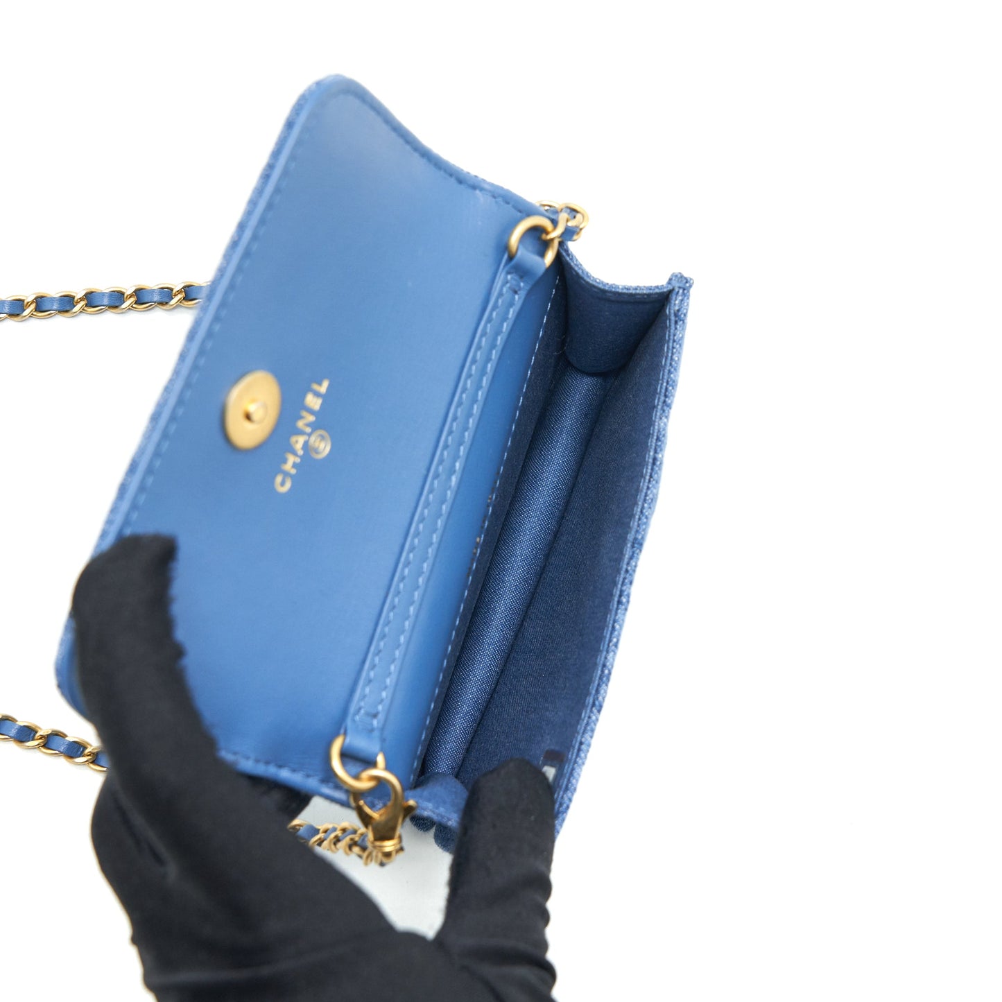 Chanel pearl crush mini flap belt bag denim