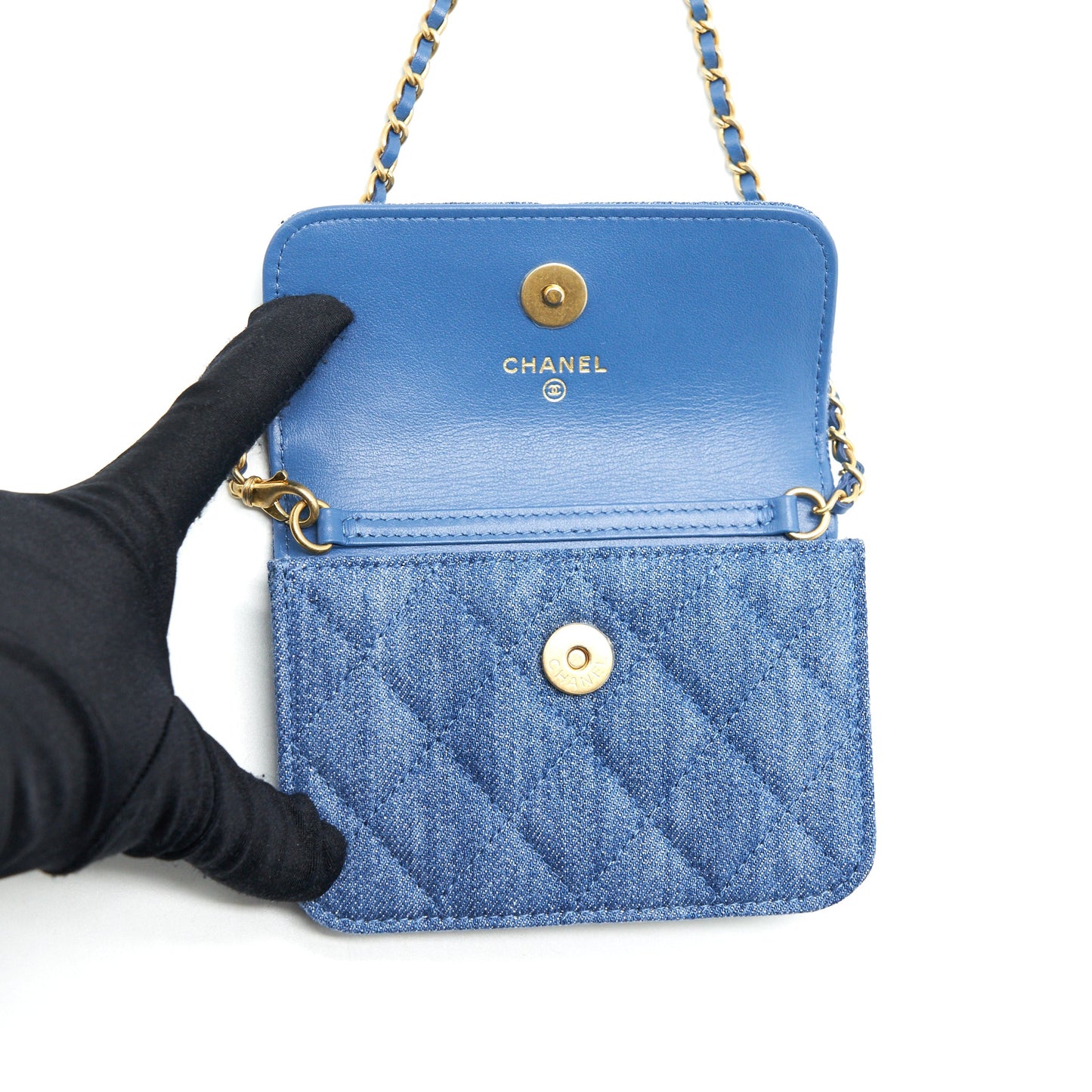 Chanel pearl crush mini flap belt bag denim